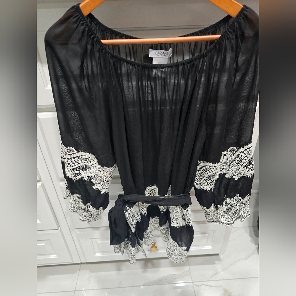 Bazaar Black Sheer Peasant Blouse with White Lace Trim